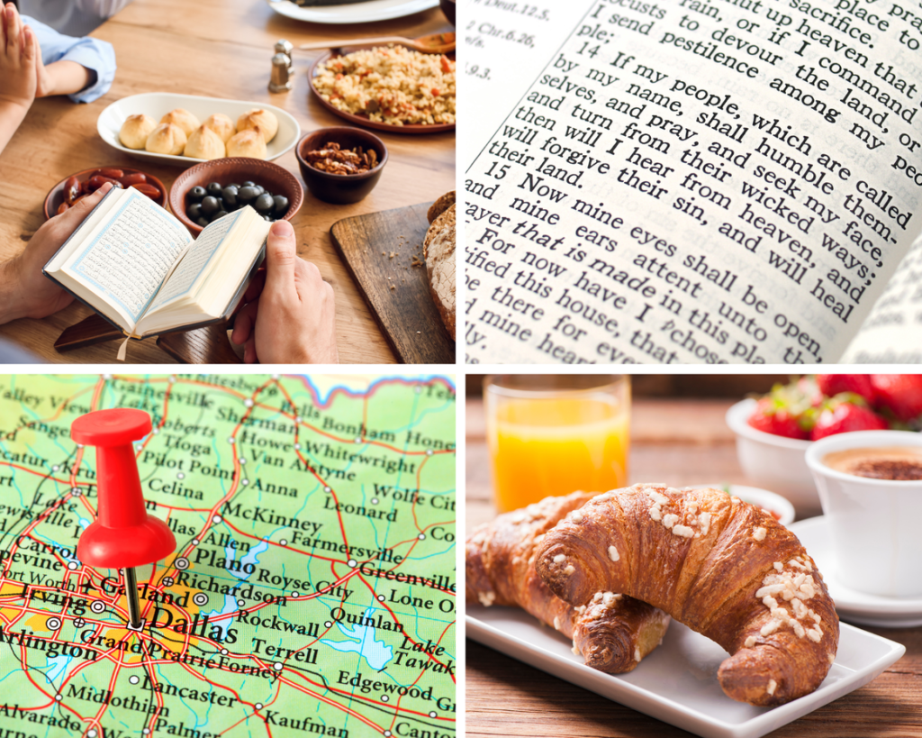 Image of Donuts croissants, map and bible versus.